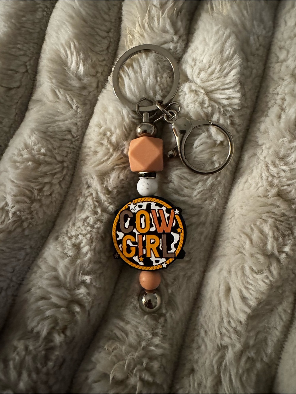 Cowgirl Beaded Keychain Charm - Peach & White
